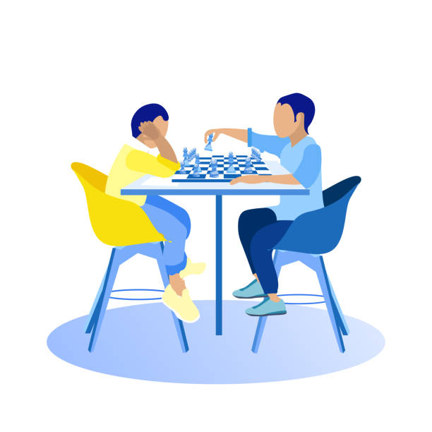 ilustraciones, imágenes clip art, dibujos animados e iconos de stock de dos tipos jugando ajedrez sobre fondo blanco. vector - social media kids