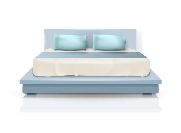 Double King Size Bed with Blue Pillows and Blanket Double King Size Bed with Blue Pillows and Blanket Isolated on White Background, Luxury Bedchamber Indoor Furniture Design, Modern Home or Hotel Bedroom Equipment, Realistic 3d Vector Illustration head board bed blue stock illustrations
