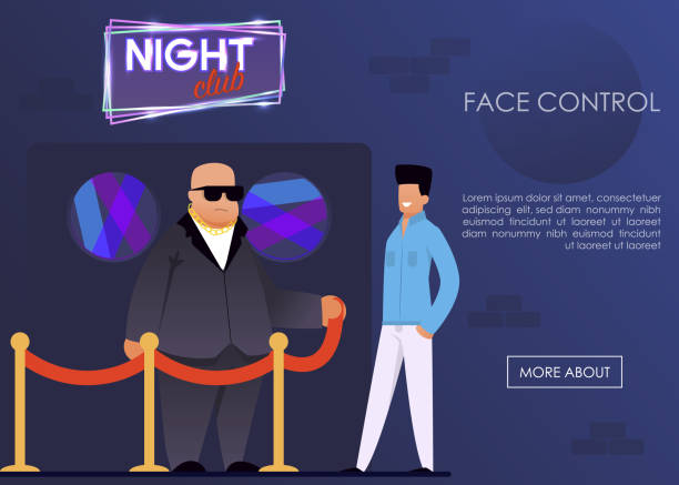 Face Control Service for Night Club Landing Page Face Control Service for Night Club Landing Page. Security Agency Advertising Banner. Cartoon Strong Bouncer Guardian and Man Visitor Standing at Entrance. Vector Flat Illustration with Promo Text doorman stock illustrations