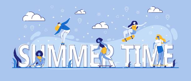 Summer Time Leisure Skateboard Girls Making Stunts Summer Time Leisure, Skateboard Girls Making Stunts and Tricks, Jumping on High Speed on Boards. Extreme Summertime Activity, Skateboarding. Cartoon Flat Vector Illustration, Banner with Typography extreem weer stock illustrations