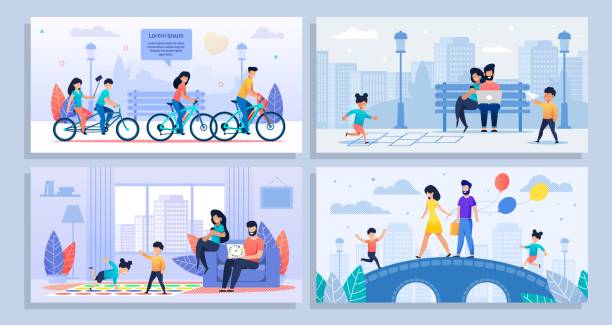 Cartoon Poster Set with Various Family Activities Cartoon Poster Set. Various Family Activities at Home, Outdoors. Happy Parents and Children on Walk, Ride Bicycles, Play Games. Mother, Father, Son, Daughter. Leisure, Sport. Vector Flat Illustration family outdoors stock illustrations