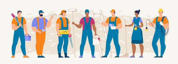 Construction, Repair, Cleaning Service Workers Set Construction Industry Professions and Workforce Flat Vector Concept with Various Specialties Male and Female Workers in Uniform Standing in Row with Work Tools and Equipment in Hands Illustration electrician stock illustrations