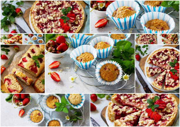 istock Collage summer baking. Strawberry pastries - cake, pie and muffins on a stone table. 1166552754