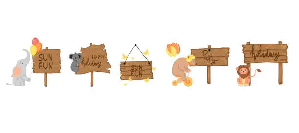 Vector illustration of Set with cute animals near wooden signboard with the inscriptions on the summer theme in vector. Cartoon illustration.