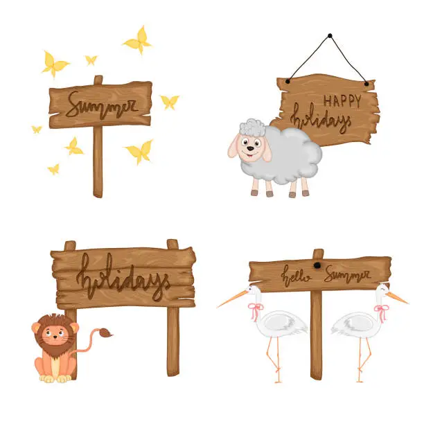 Vector illustration of Set with cute animals near wooden signboard with the inscriptions on the summer theme in vector. Cartoon illustration.