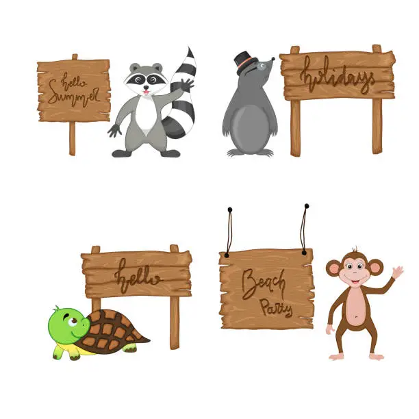 Vector illustration of Set with cute animals near wooden signboard with the inscriptions on the summer theme in vector. Cartoon illustration.