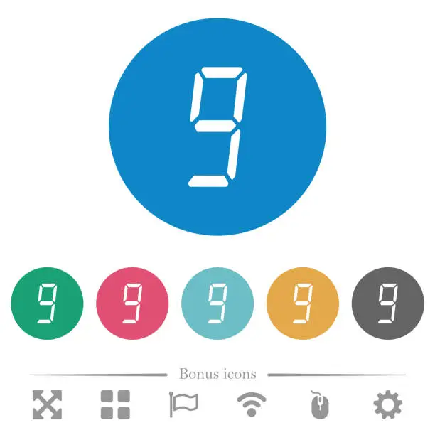 Vector illustration of digital number nine of seven segment type flat round icons