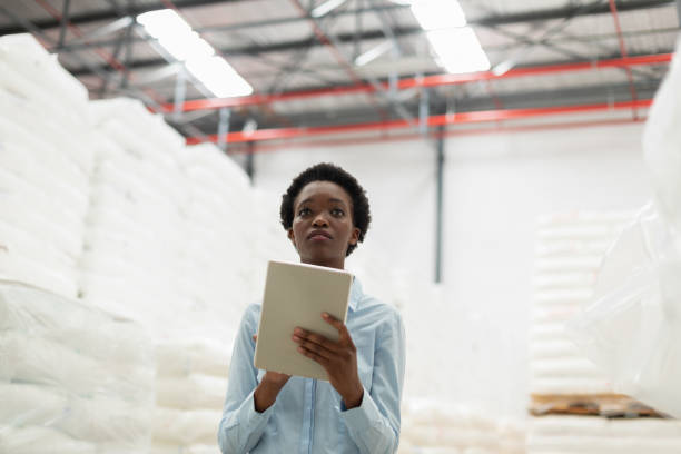 istock Female manager with digital tablet checking stocks in warehouse 1166555947