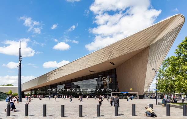 Rotterdam Netherlands, July 1st 2019. Rotterdam Centraal, Central station building facade and entrance. Blue sky background, sunny day