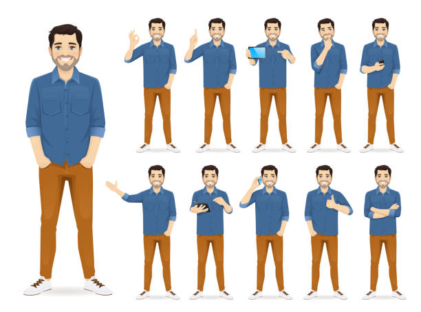 Man in casual outfit set Man in casual outfit set with different gestures isolated group of objects illustrations stock illustrations
