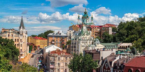 Andrew descent, Andriyivski uzviz with ancient buildings and famous St. Andrew or Andriivska Church, historical district of Kyiv city in Ukraine.
