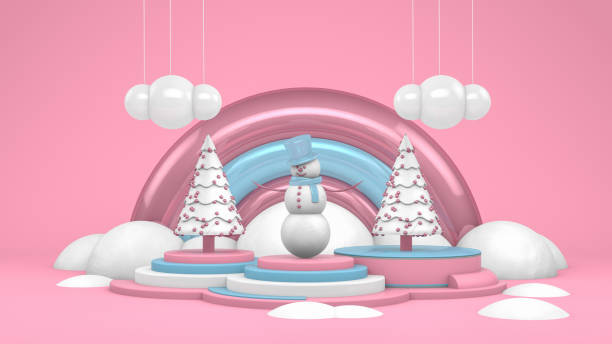 Winter and christmas concept, pink background, shiny colors, snowing.