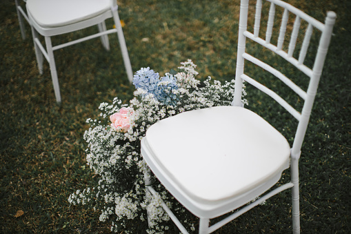 Setting up for wedding ceremony, Loveland, Colorado, USA