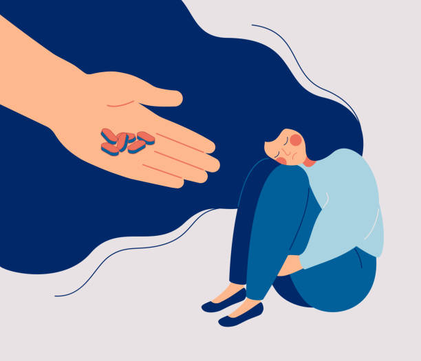 ilustrações de stock, clip art, desenhos animados e ícones de antidepressant saving woman from depression - cansado ilustrações