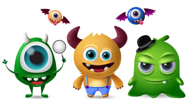 Vector illustration of Cute monsters vector character set. Little cute monsters with scary and crazy faces for design elements