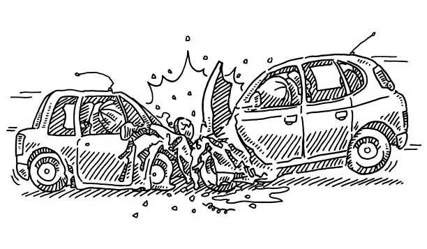 Vector illustration of Frontal Crash Car Accident Drawing