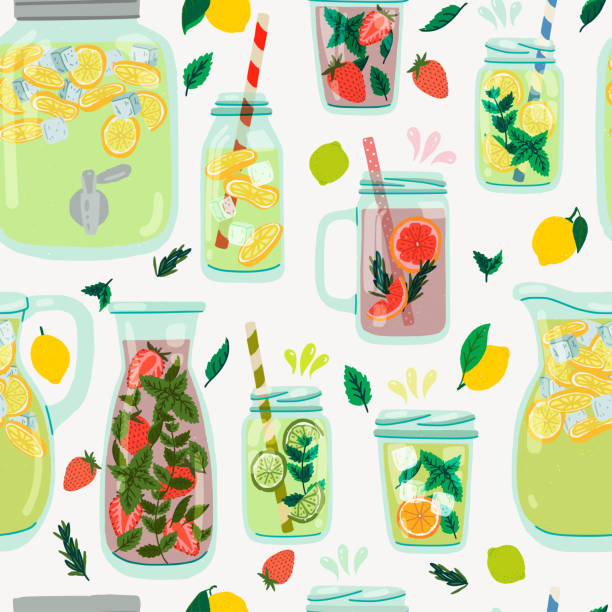 Lemonade jars, jugs and glasses seamless pattern Seamless pattern with different kinds of lemonade. Repeating flat style mason jar, drink dispenser, bottle and pitcher with cooling drinks. Backdrop with infused water in cartoon glass and lemon fruits infused water stock illustrations