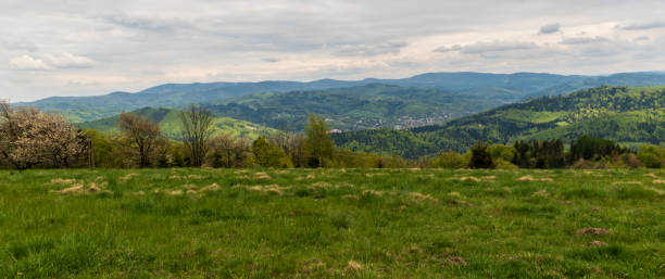 panorama della catena montuosa di beskid slaski dal soffietto del prato wielka czantoria ai confini polacco-ceco - panoramic mountain cloudscape borders foto e immagini stock