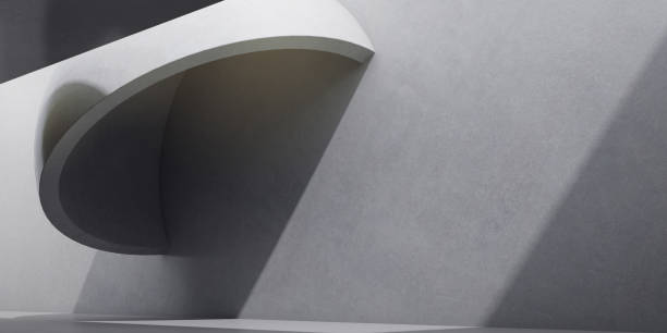 istock Abstract of concrete space with sun light cast the shadow on the wall and floor,Sphere structure   sculpture design,Perspective of brutalism  architecture,3d rendering 1166570903