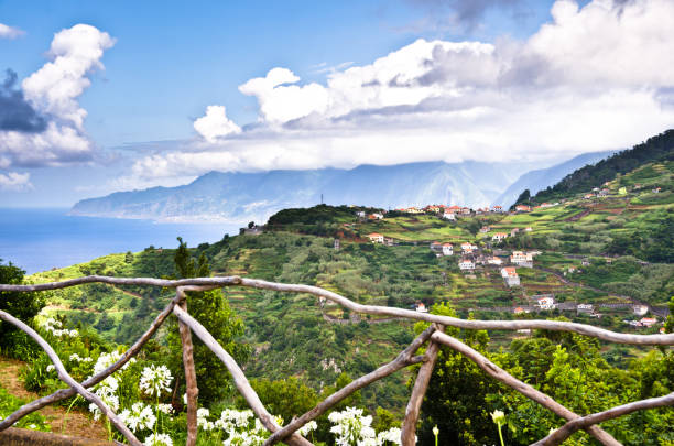 Open view across the unique mountain landscapes in terraces in Madeira, Portugal, Europe stock photo