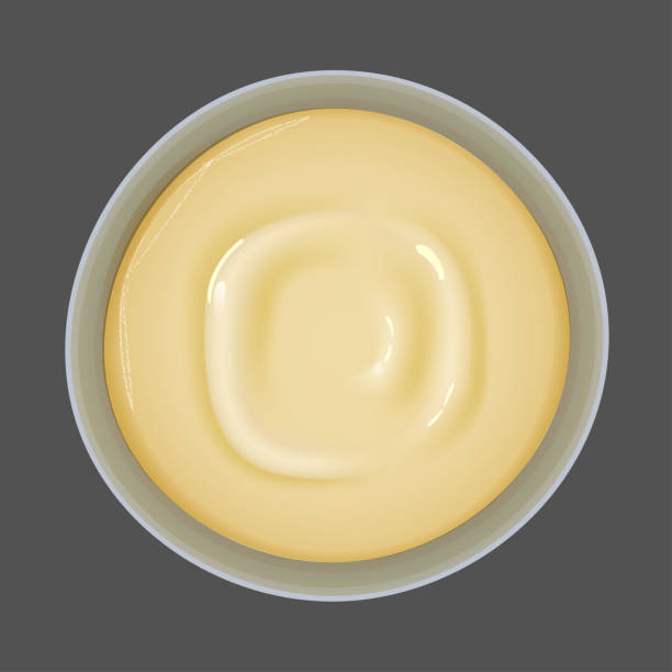 Top view of bowl with homemade pudding. Homemade vanilla pudding. Top view of bowl with custard, sweet dessert. Vector illustration isolated on gray background. custard stock illustrations