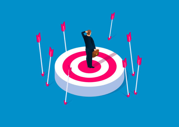 off-target, misserfolgskonzept, verzweifelter geschäftsmann, der ohne treffer auf dem ziel steht - marketing target bulls eye arrow stock-grafiken, -clipart, -cartoons und -symbole