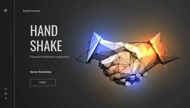 Vector illustration of Handshake. Abstract illustration isolated on black background. Polygonal wireframe composition. Gesture hands. Development symbol. Plexus lines and points in silhouette.