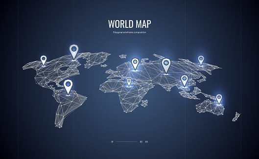 World map isometric. Polygonal wireframe composition. Marked location map. Abstract illustration isolated on blue background. Particles are connected in a geometric silhouette.