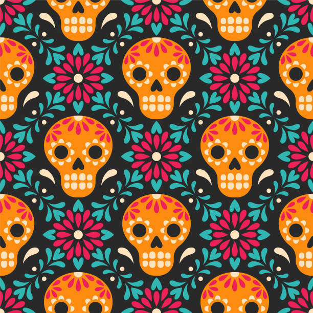 Day of the dead. Vector seamless pattern with Mexican sugar skulls and flowers. Isolated on black background skull patterns stock illustrations