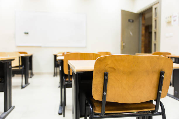 istock empty classroom with wooden chairs and desks 1166574009