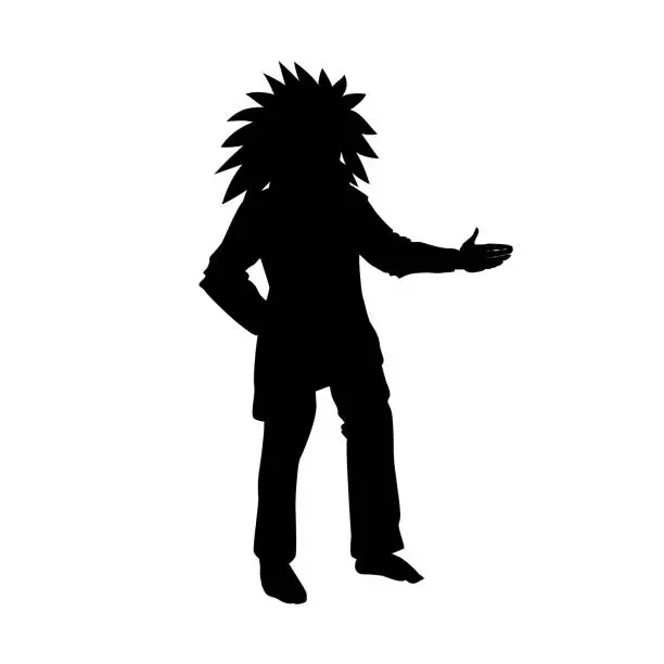 Vector illustration of The Indian man silhouette, black vector illustration Isolated on white background. The aboriginal of America in traditional suit.