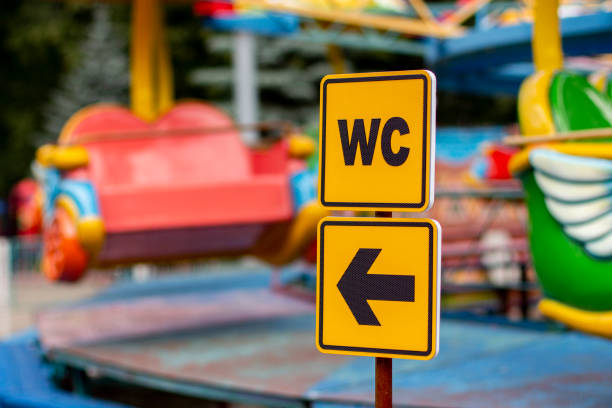 WC sign on a yellow plate with arrow pointer. Sign pointer where the toilet is located