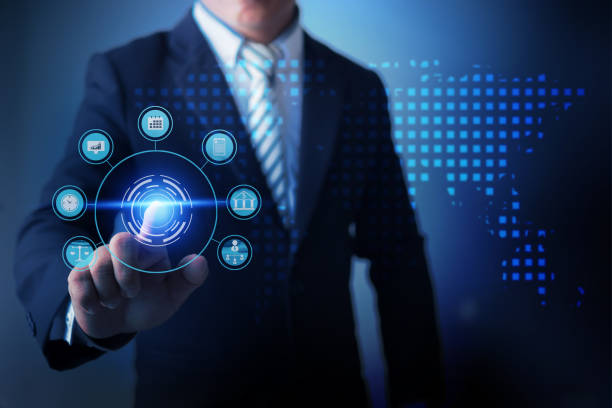 istock Businessman using virtual reality touching global business and analyzing data of finance business with economic digital graph icon, planning to investment and profit. Future technology concept 1166578358