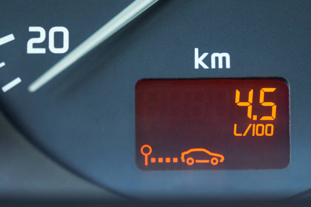 istock Low fuel consumption showed by the car on-board computer on the dashboard 1166578945