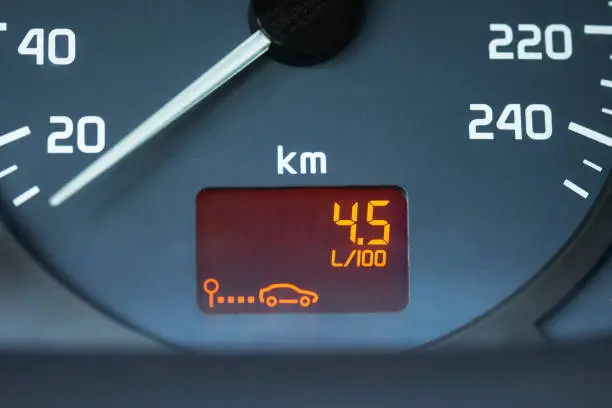 Photo of Low fuel consumption showed by the car on-board computer on the dashboard