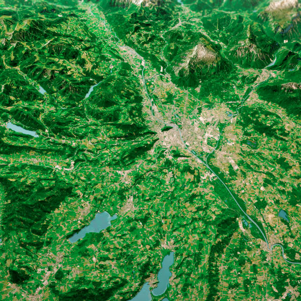 ザルツブルクオーストリア 3d レンダリング空中風景北から 2019 年 6 月 - austria map topography satellite view ストックフォトと画像