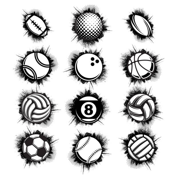 Black sport balls grunge set Set of different black sport balls isolated on white background volleyball sport stock illustrations