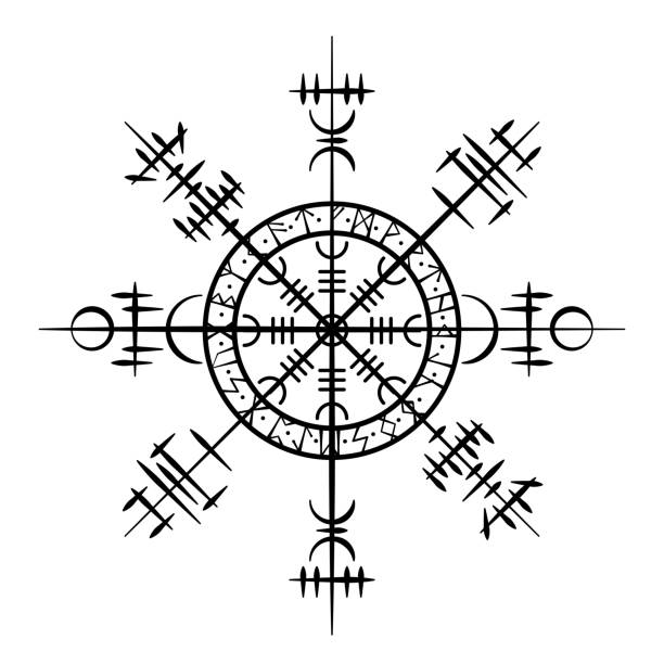 Grunge scandinavian viking tatoo object Black grunge circle with white Scandinavian viking symbols runes stock illustrations