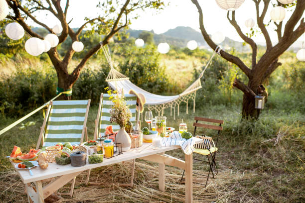 istock Beautifully decorated lunch table in the garden 1166583240