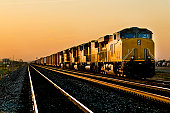 Railroad locomotive travelling across Arizona