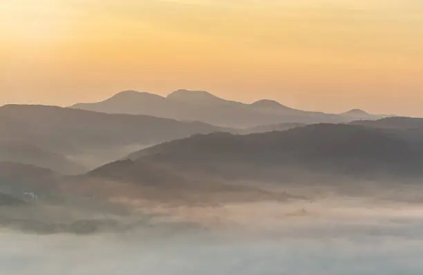 A landscape view of beautiful sunrise and sea of clouds at Anbandeogi of Gangneung, South Korea.