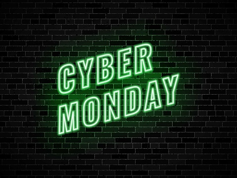 neon signs for cyber monday sale on dark brick wall background. easy to edit and customize vector illustration for greeting cards, posters, invitations, brochures. eps10