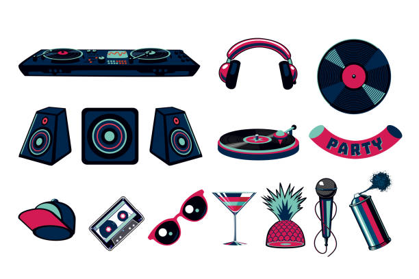 ilustrações, clipart, desenhos animados e ícones de jogo do ícone do vetor do partido da música. coleção dos sinais do clube de noite da dança. - instrumental hip hop