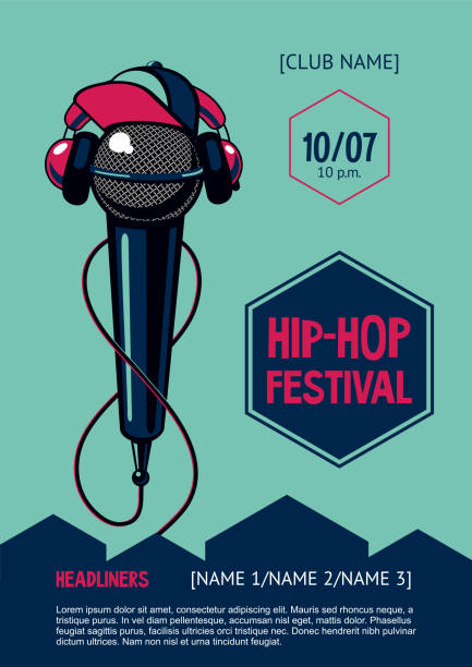 ilustraciones, imágenes clip art, dibujos animados e iconos de stock de cartel de fiesta hip-hop con micrófono. invitación al festival de rap. plantilla vectorial. - drum & bass