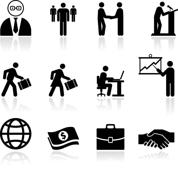 ilustraciones, imágenes clip art, dibujos animados e iconos de stock de negocios finanzas blanco y negro de arte vectorial libre de derechos - businessman computer icon white background symbol