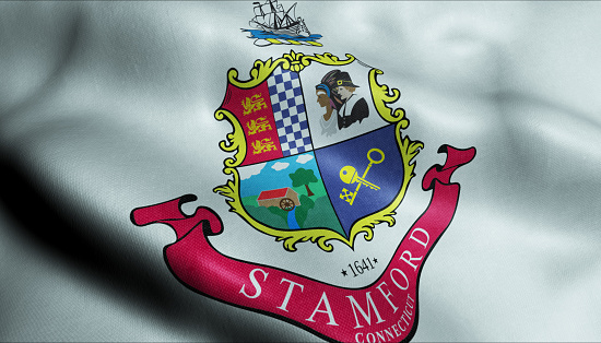 3D Illustration of a waving flag of Stamford