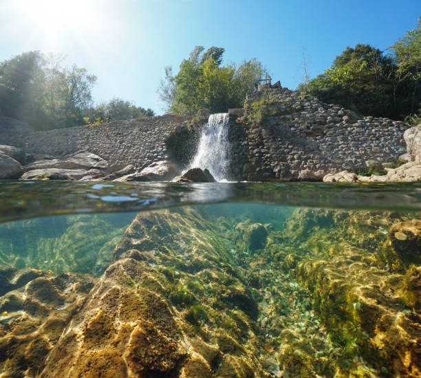 nature of greek mountains, river, forest, thermal baths, Beautiful river in thermal springs resort in Aridea, clear waters of the river and big stones