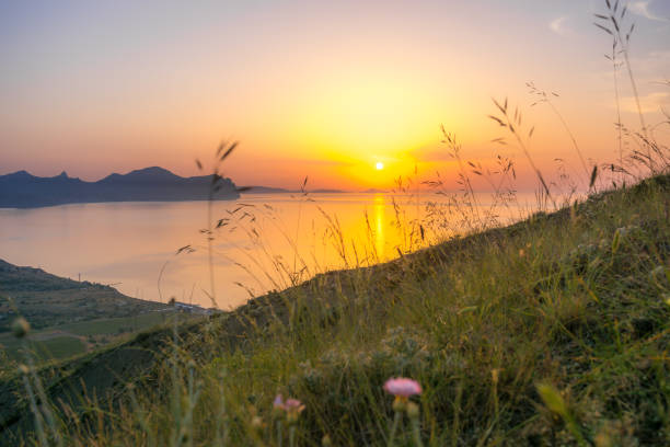 Scenic sunrise in a mountain valley against the background of the sea
