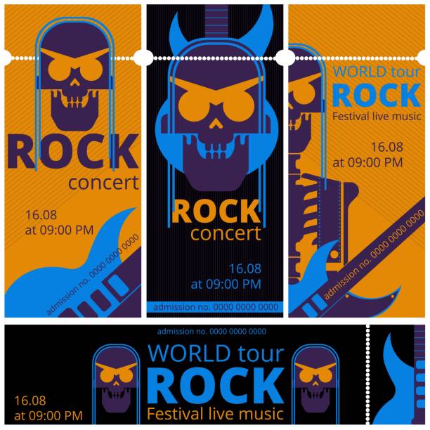 bilety na festiwal muzyki rockowej szablony ilustracji wektorowych na koncert rockowy szkieletu czaszki i gitary - glastonbury stock illustrations