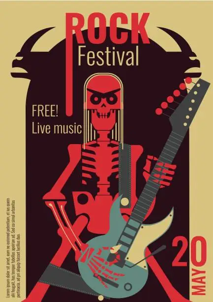 Vector illustration of Rock music festival poster vector illustration template for live rock concert placard of skeleton rocker playing guitar